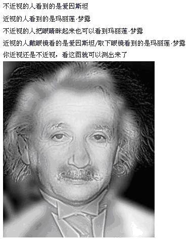 不近视的人看到的是爱因斯坦，近视的人看到的是玛丽莲.梦露，不近视的人把眼睛眯起啦来也可以看到玛丽莲.梦 ...